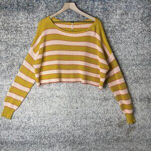 Free People Sweater Womens Small Yellow Pink Striped Cropped Pullover Knit Boho
